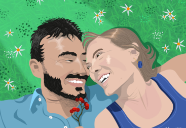 Vector art portrait of a couple lying on a meadow