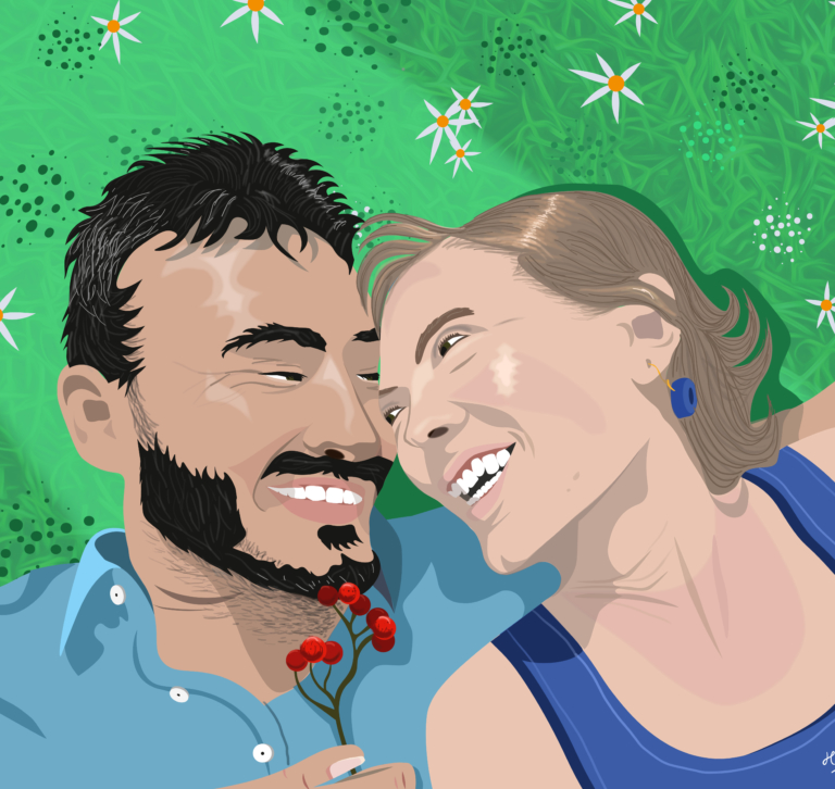 Vector art portrait of a couple lying on a meadow