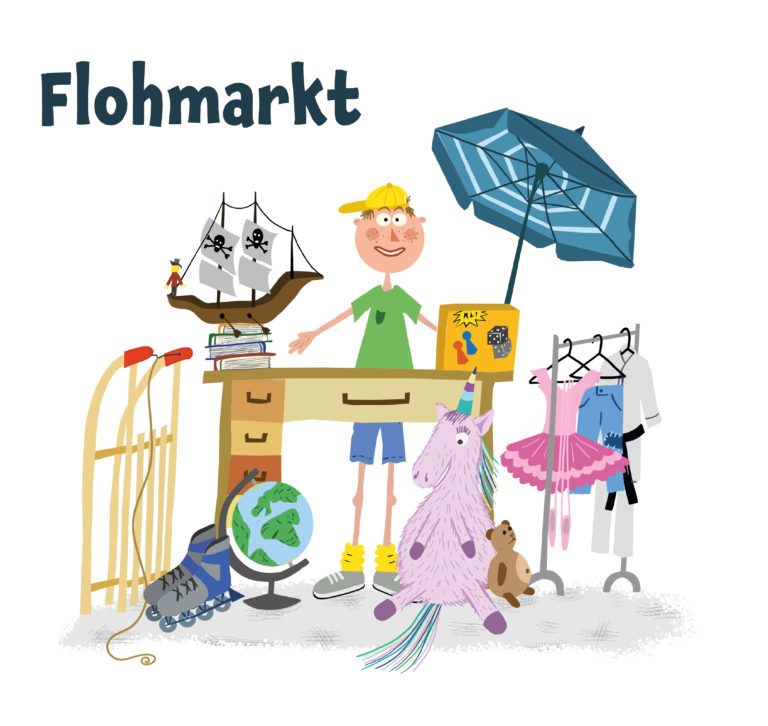 Colorful Illustrations in cartoon-style with boy selling his stuff on a flea market