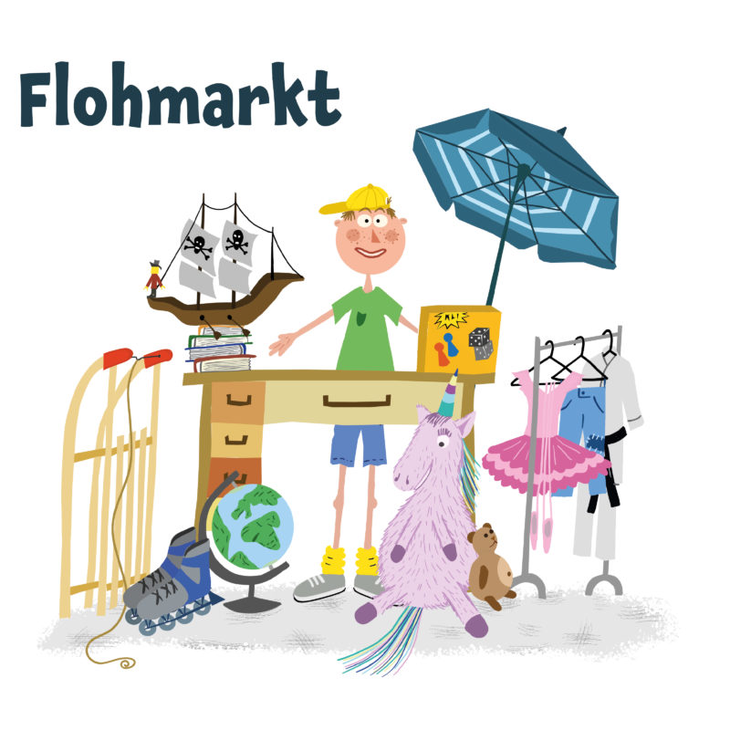 Colorful Illustrations in cartoon-style with boy selling his stuff on a flea market